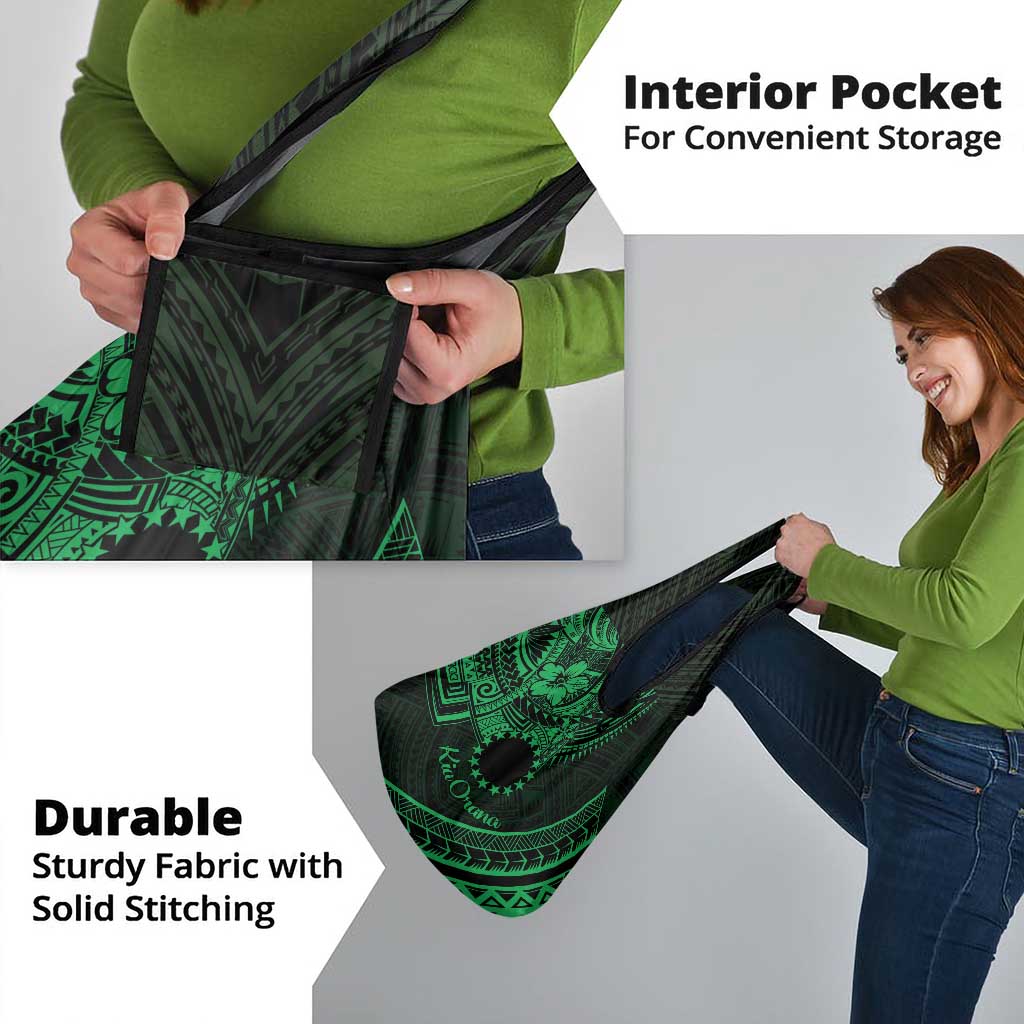 Kia Orana Cook Islands Grocery Bag Circle Stars With Floral Green Pattern