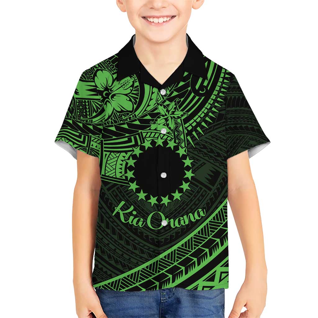 Kia Orana Cook Islands Kid Hawaiian Shirt Circle Stars With Floral Green Pattern LT01 Kid Green - Polynesian Pride