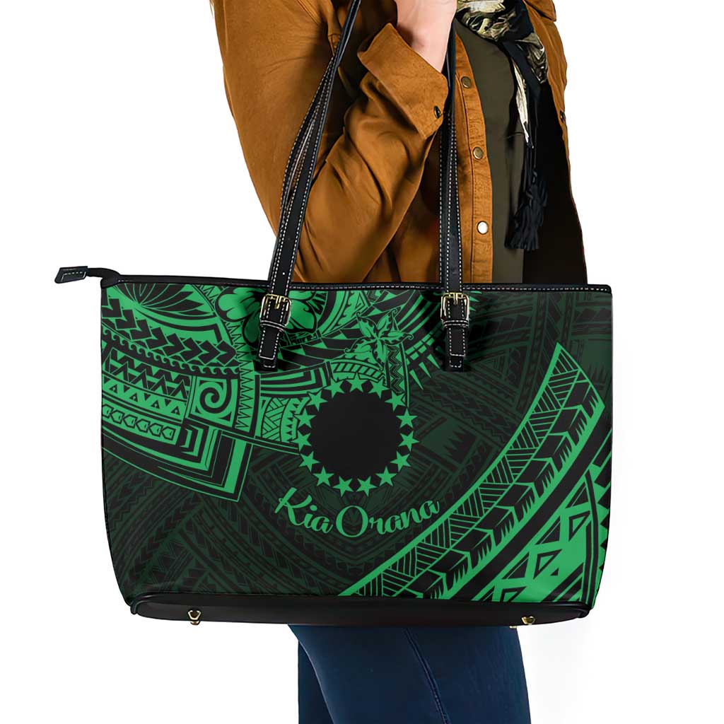 Kia Orana Cook Islands Leather Tote Bag Circle Stars With Floral Green Pattern LT01