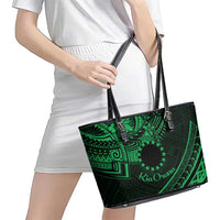 Kia Orana Cook Islands Leather Tote Bag Circle Stars With Floral Green Pattern LT01