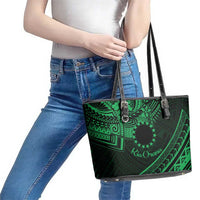 Kia Orana Cook Islands Leather Tote Bag Circle Stars With Floral Green Pattern LT01