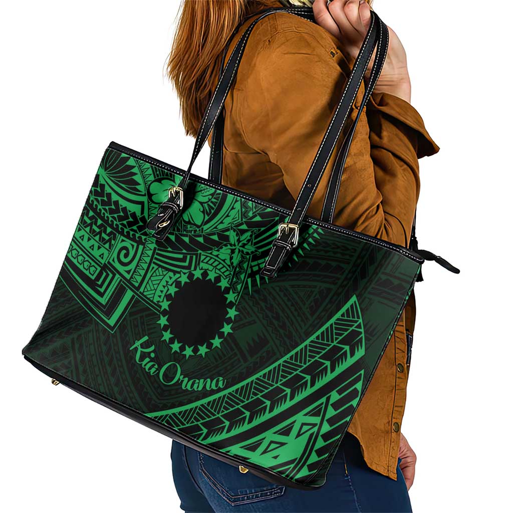 Kia Orana Cook Islands Leather Tote Bag Circle Stars With Floral Green Pattern LT01