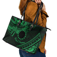 Kia Orana Cook Islands Leather Tote Bag Circle Stars With Floral Green Pattern LT01