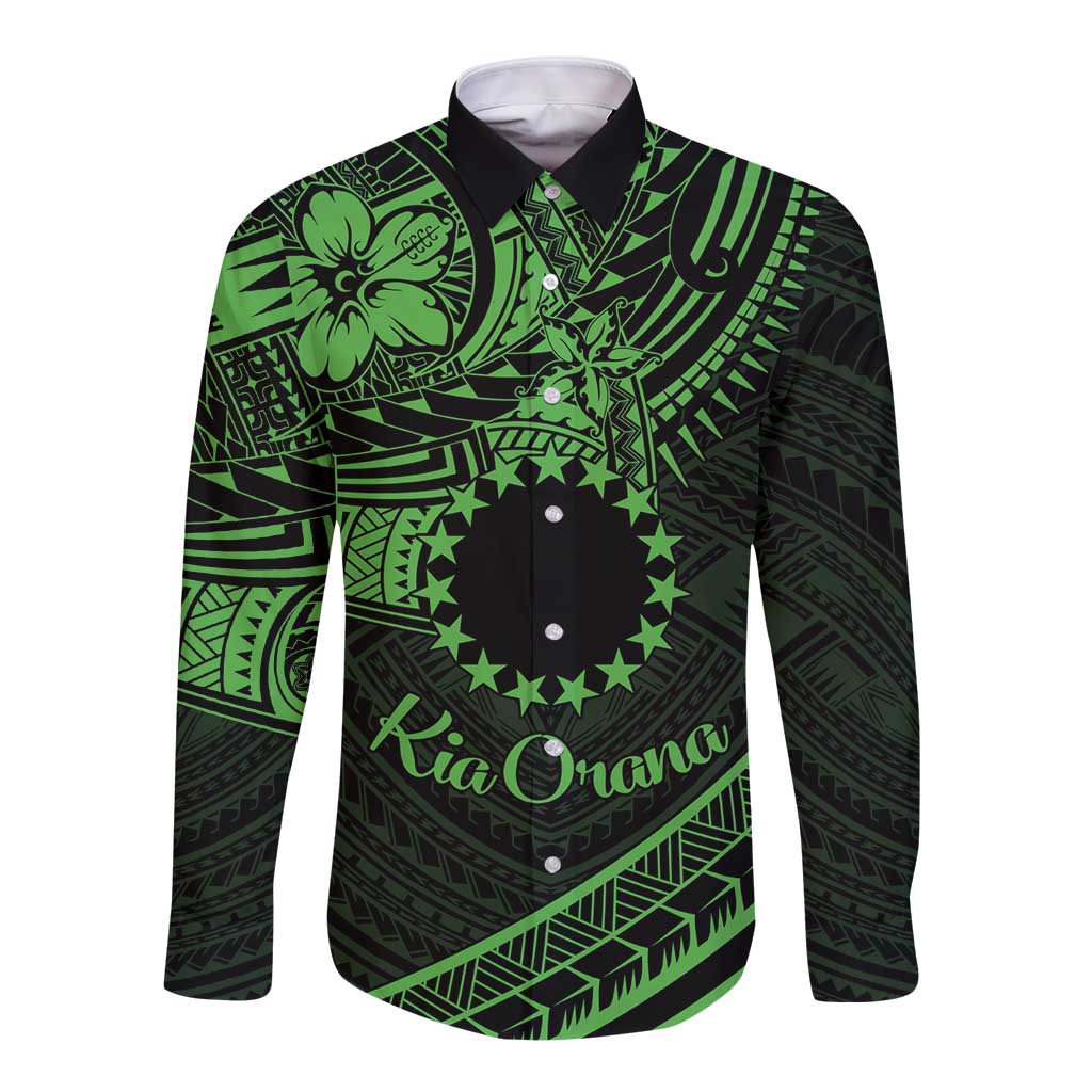 Kia Orana Cook Islands Long Sleeve Button Shirt Circle Stars With Floral Green Pattern LT01 Unisex Green - Polynesian Pride