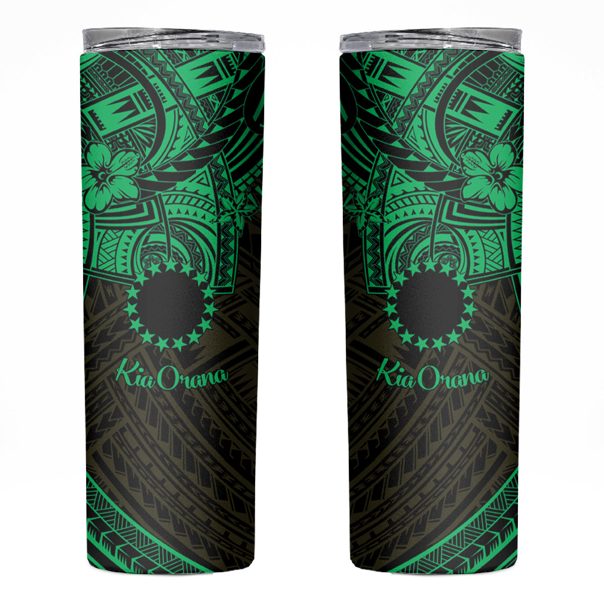 Kia Orana Cook Islands Skinny Tumbler Circle Stars With Floral Green Pattern