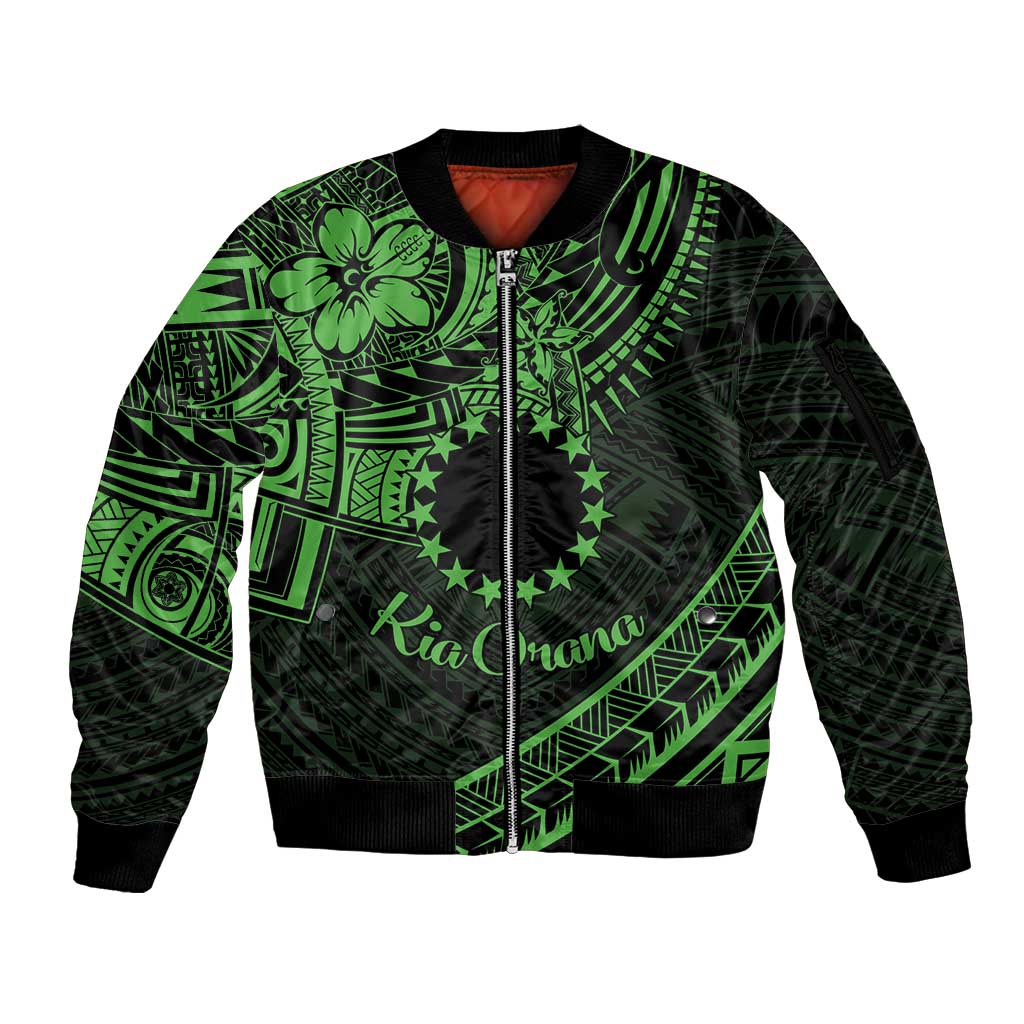 Kia Orana Cook Islands Sleeve Zip Bomber Jacket Circle Stars With Floral Green Pattern LT01