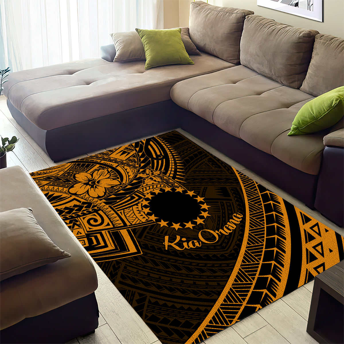 Kia Orana Cook Islands Area Rug Circle Stars With Floral Gold Pattern LT01 - Polynesian Pride