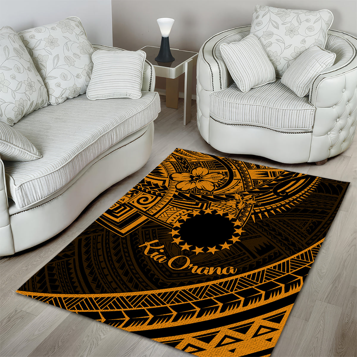Kia Orana Cook Islands Area Rug Circle Stars With Floral Gold Pattern LT01 - Polynesian Pride