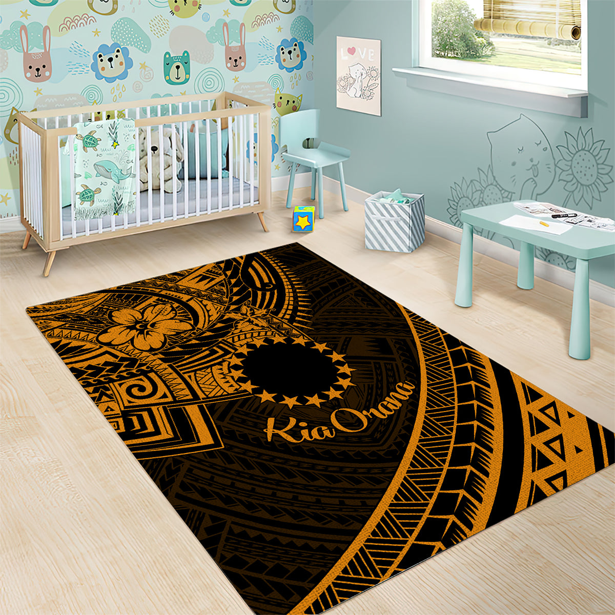 Kia Orana Cook Islands Area Rug Circle Stars With Floral Gold Pattern LT01 - Polynesian Pride