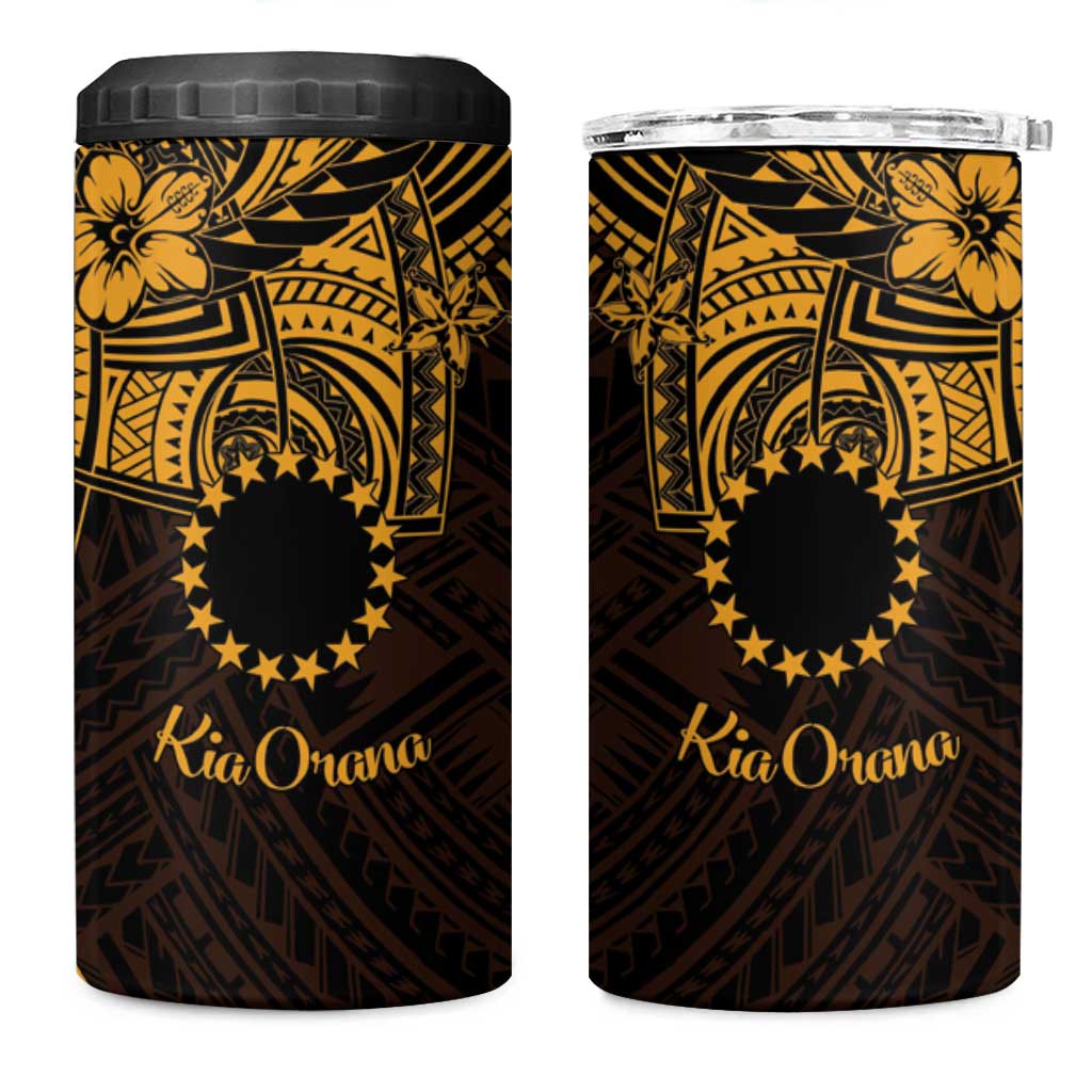 Kia Orana Cook Islands 4 in 1 Can Cooler Tumbler Circle Stars With Floral Gold Pattern