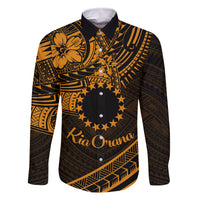 Kia Orana Cook Islands Family Matching Long Sleeve Bodycon Dress and Hawaiian Shirt Circle Stars With Floral Gold Pattern LT01 Dad's Shirt - Long Sleeve Gold - Polynesian Pride
