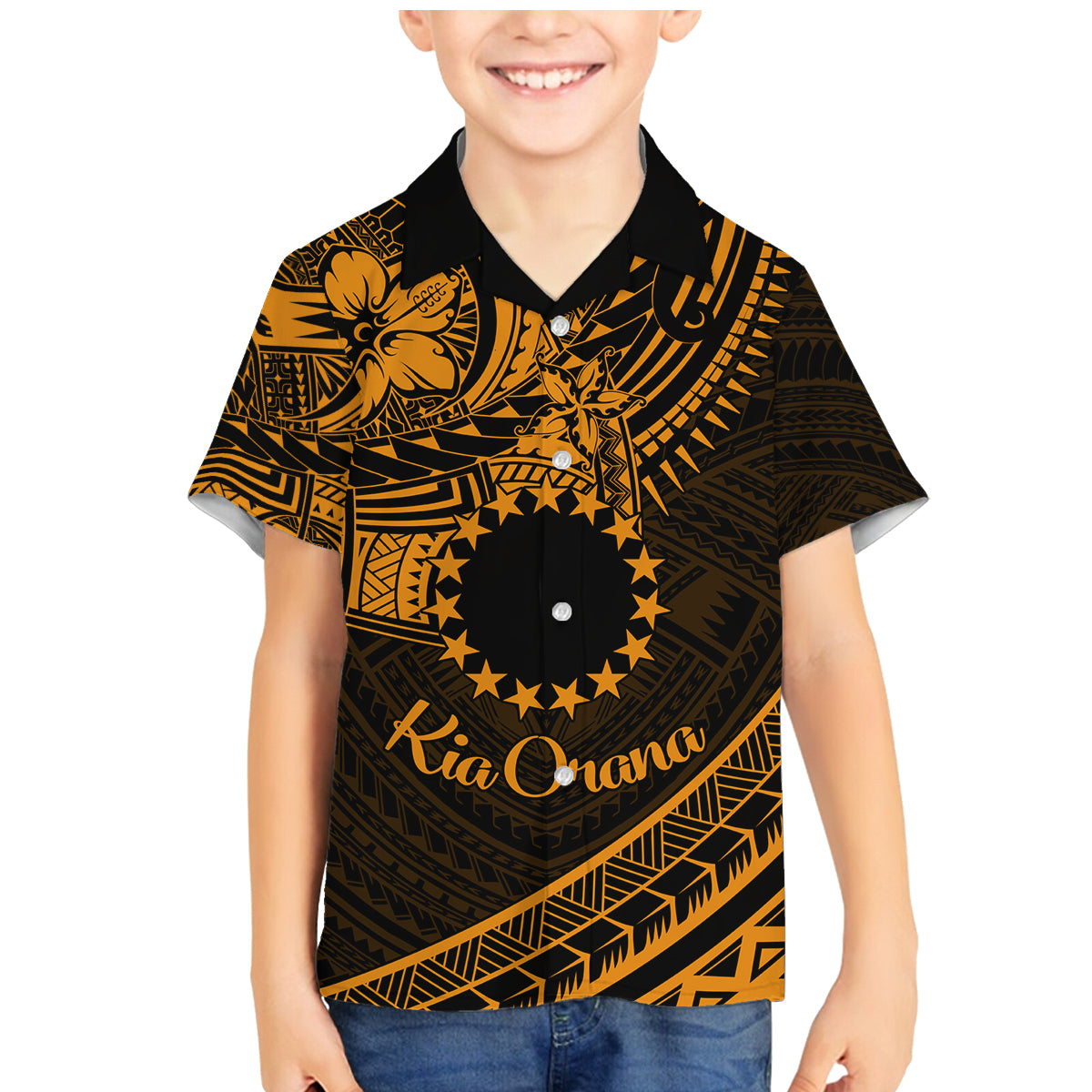 Kia Orana Cook Islands Family Matching Mermaid Dress and Hawaiian Shirt Circle Stars With Floral Gold Pattern LT01 Son's Shirt Gold - Polynesian Pride