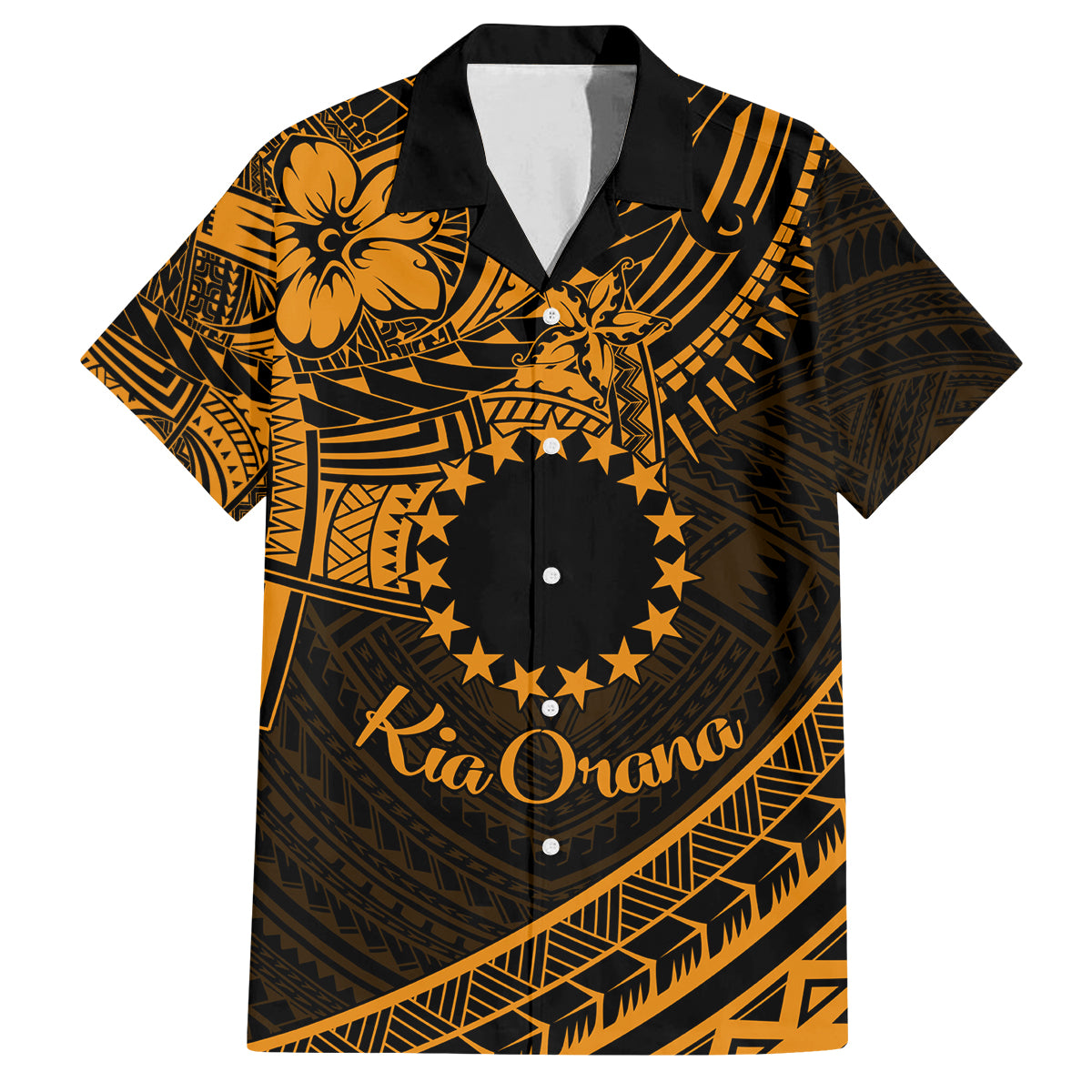 Kia Orana Cook Islands Family Matching Off Shoulder Maxi Dress and Hawaiian Shirt Circle Stars With Floral Gold Pattern LT01 Dad's Shirt - Short Sleeve Gold - Polynesian Pride