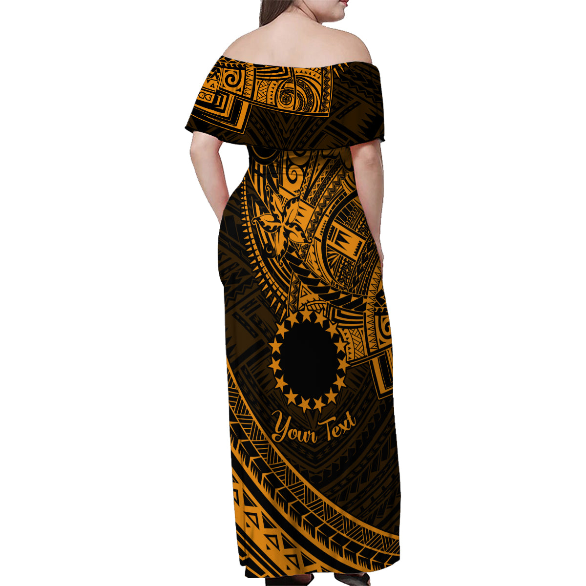 Kia Orana Cook Islands Family Matching Off Shoulder Maxi Dress and Hawaiian Shirt Circle Stars With Floral Gold Pattern LT01 - Polynesian Pride