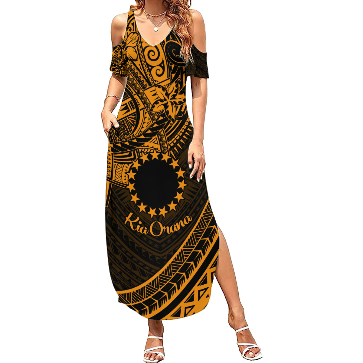 Kia Orana Cook Islands Family Matching Summer Maxi Dress and Hawaiian Shirt Circle Stars With Floral Gold Pattern LT01 Mom's Dress Gold - Polynesian Pride