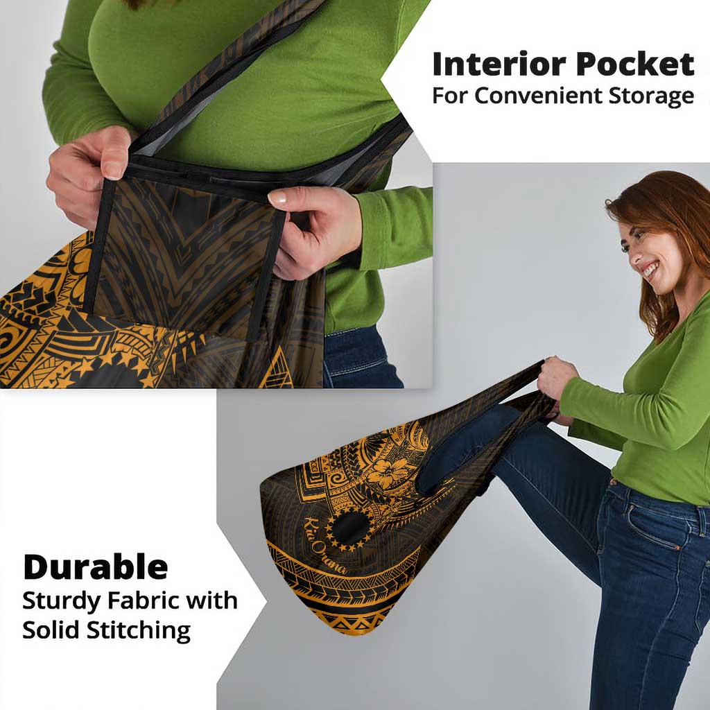 Kia Orana Cook Islands Grocery Bag Circle Stars With Floral Gold Pattern