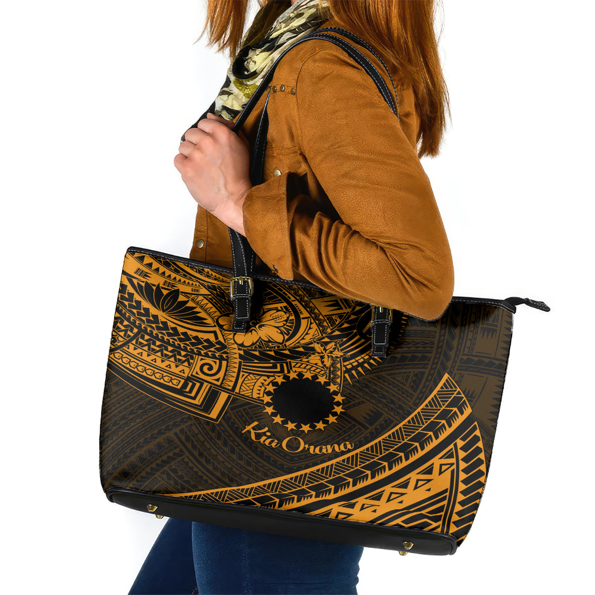 Kia Orana Cook Islands Leather Tote Bag Circle Stars With Floral Gold Pattern LT01 Gold - Polynesian Pride