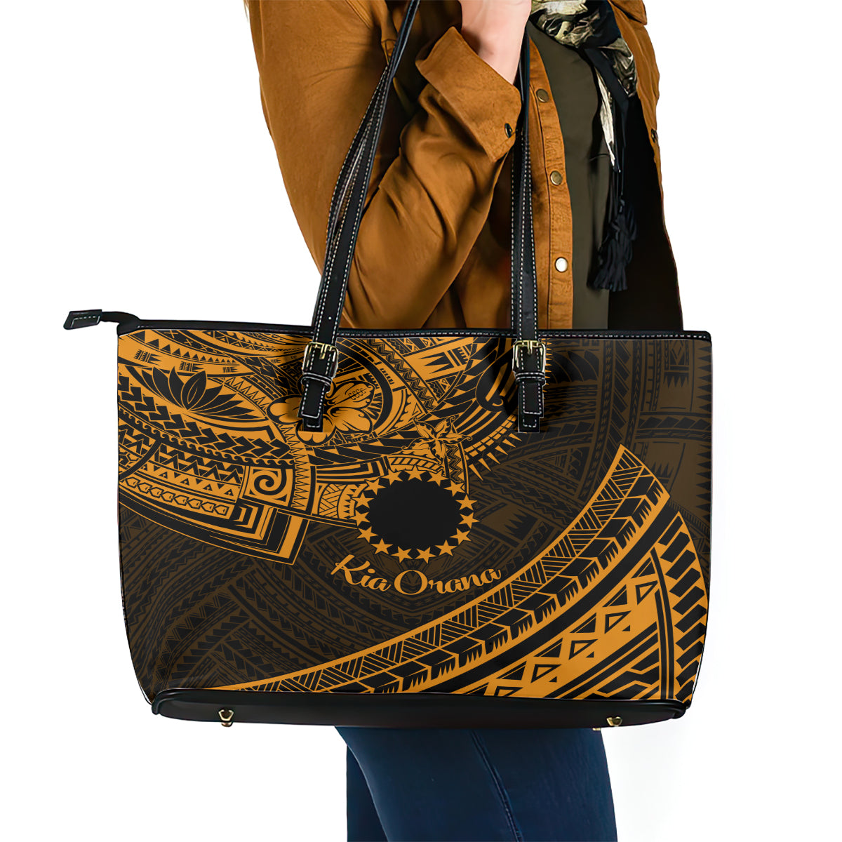 Kia Orana Cook Islands Leather Tote Bag Circle Stars With Floral Gold Pattern LT01 - Polynesian Pride