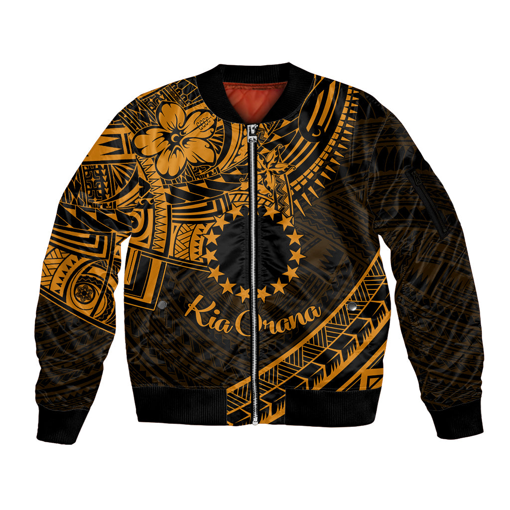 Kia Orana Cook Islands Sleeve Zip Bomber Jacket Circle Stars With Floral Gold Pattern LT01 Unisex Gold - Polynesian Pride