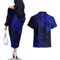Kia Orana Cook Islands Couples Matching Off The Shoulder Long Sleeve Dress and Hawaiian Shirt Circle Stars With Floral Navy Blue Pattern LT01 - Polynesian Pride