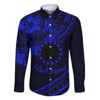 Kia Orana Cook Islands Family Matching Puletasi Dress and Hawaiian Shirt Circle Stars With Floral Navy Blue Pattern LT01 Dad's Shirt - Long Sleeve Blue - Polynesian Pride