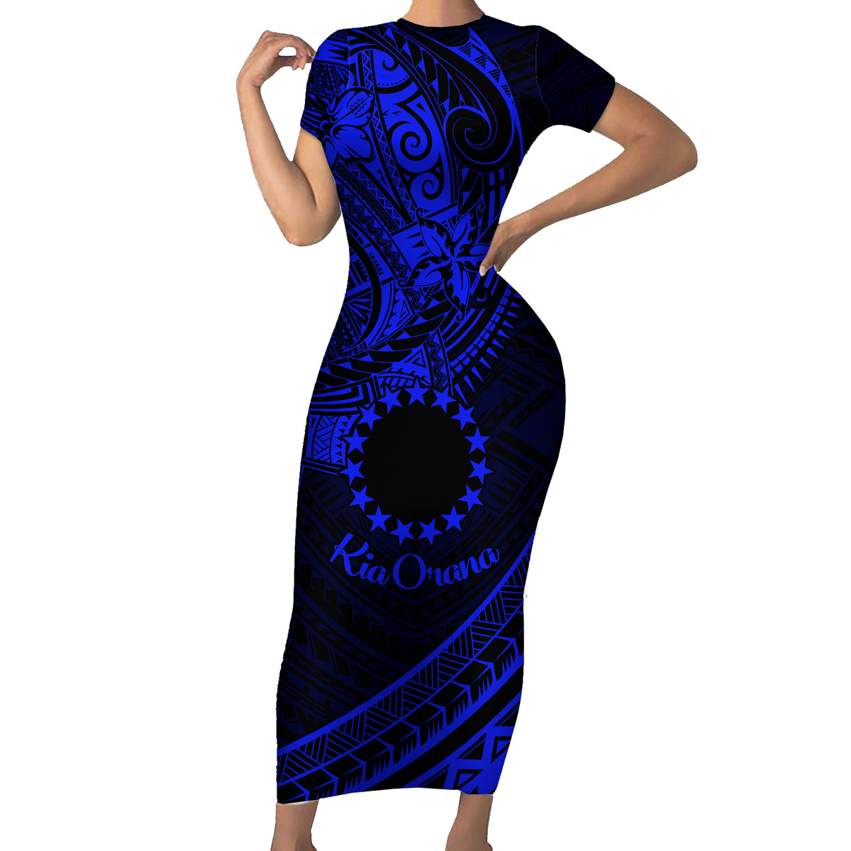 Kia Orana Cook Islands Family Matching Short Sleeve Bodycon Dress and Hawaiian Shirt Circle Stars With Floral Navy Blue Pattern LT01 Mom's Dress Blue - Polynesian Pride