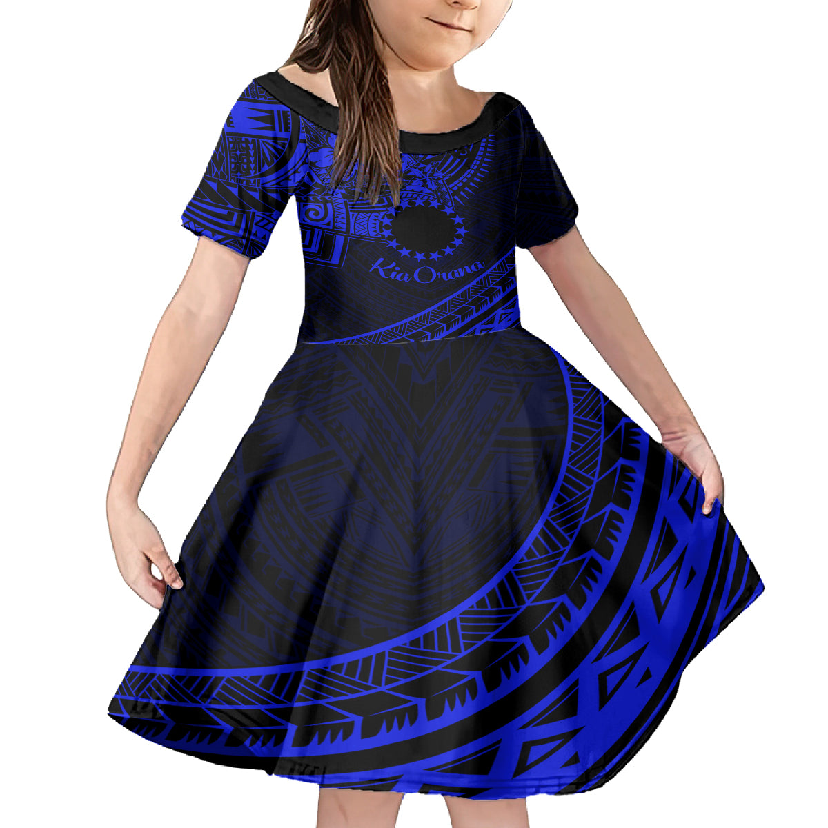 Kia Orana Cook Islands Family Matching Tank Maxi Dress and Hawaiian Shirt Circle Stars With Floral Navy Blue Pattern LT01 Daughter's Dress Blue - Polynesian Pride
