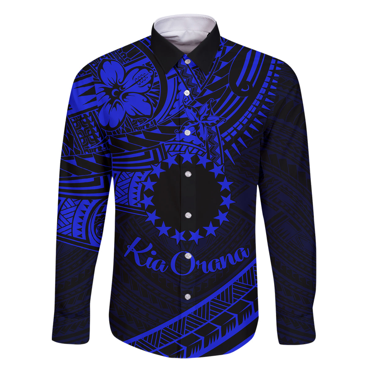 Kia Orana Cook Islands Family Matching Tank Maxi Dress and Hawaiian Shirt Circle Stars With Floral Navy Blue Pattern LT01 Dad's Shirt - Long Sleeve Blue - Polynesian Pride