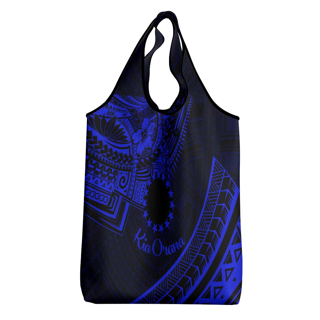 Kia Orana Cook Islands Grocery Bag Circle Stars With Floral Navy Blue Pattern