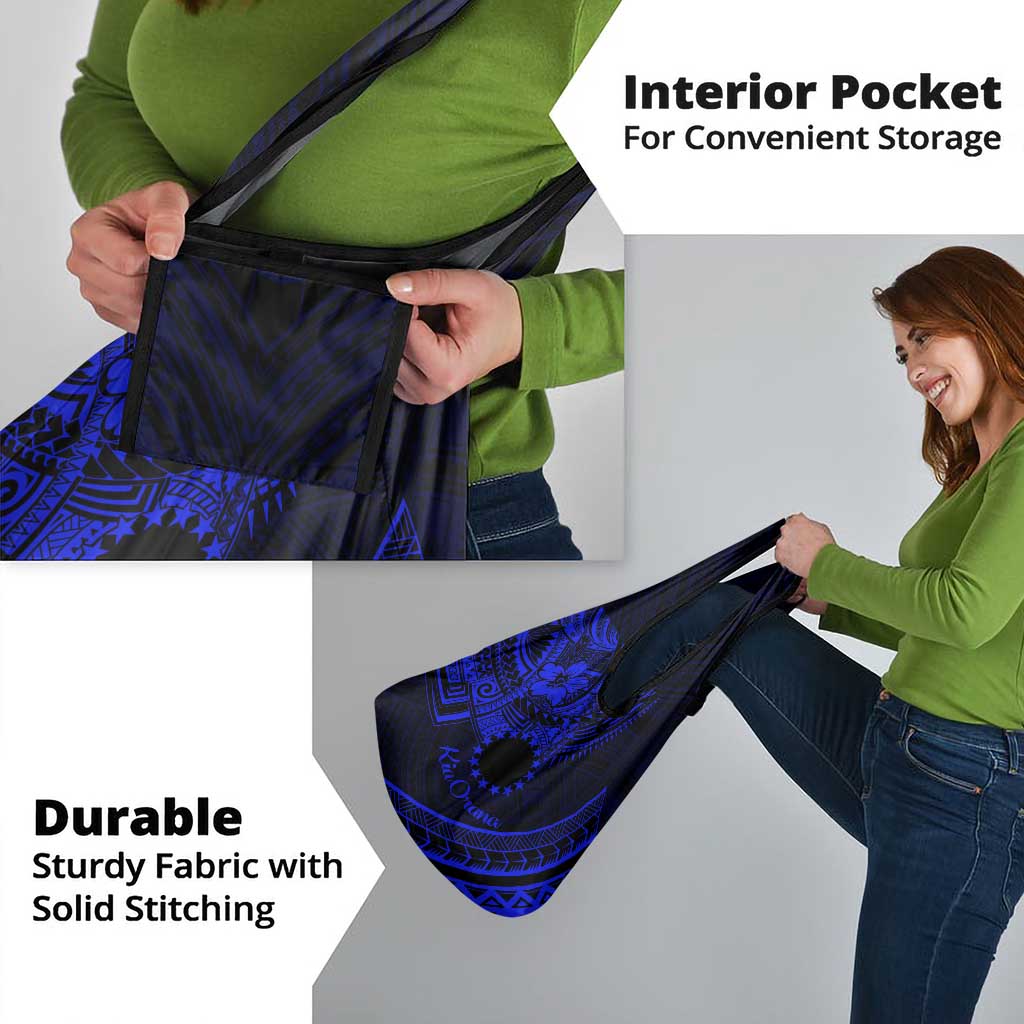 Kia Orana Cook Islands Grocery Bag Circle Stars With Floral Navy Blue Pattern