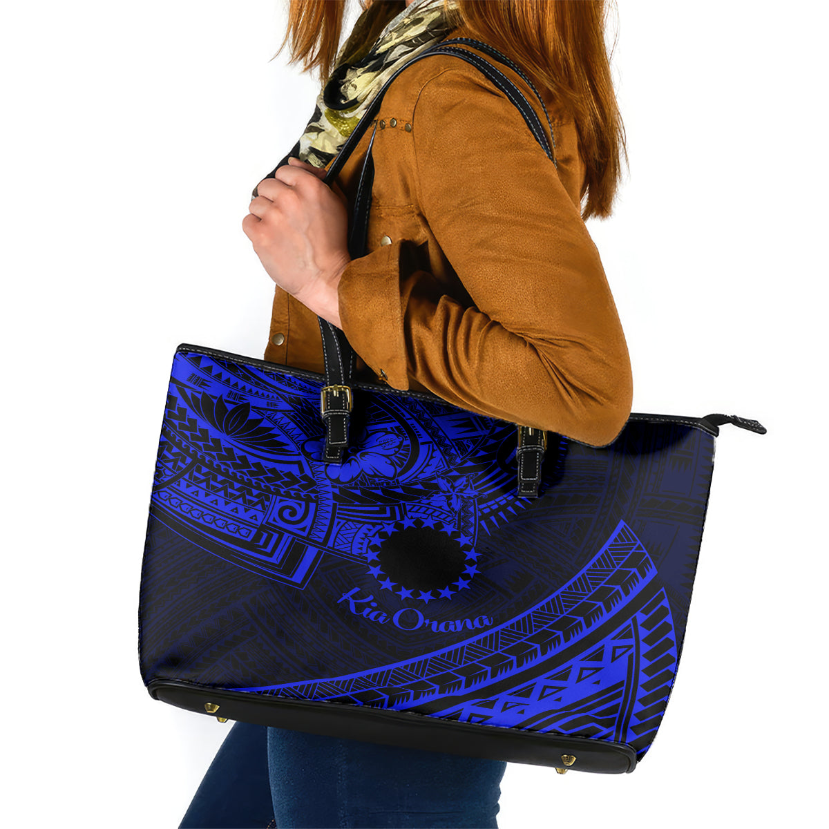 Kia Orana Cook Islands Leather Tote Bag Circle Stars With Floral Navy Blue Pattern LT01 Blue - Polynesian Pride