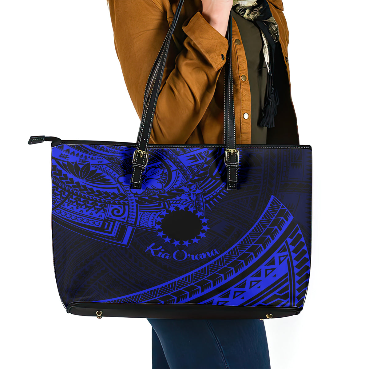 Kia Orana Cook Islands Leather Tote Bag Circle Stars With Floral Navy Blue Pattern LT01 - Polynesian Pride