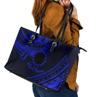 Kia Orana Cook Islands Leather Tote Bag Circle Stars With Floral Navy Blue Pattern LT01 - Polynesian Pride