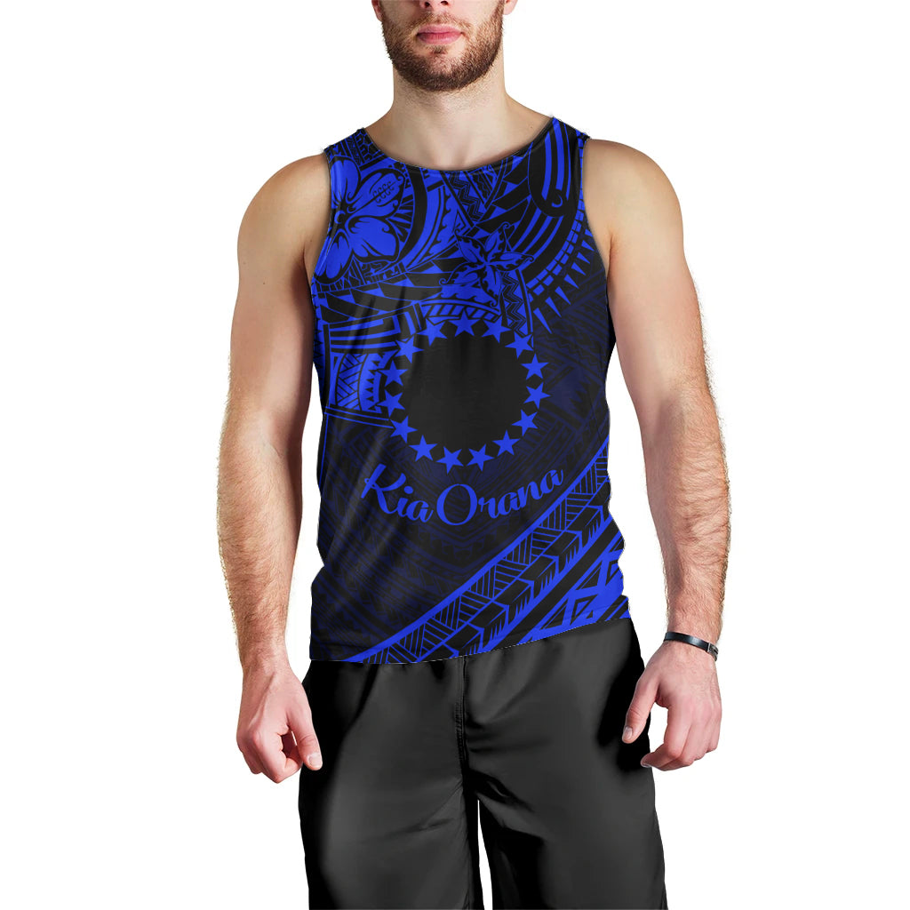 Kia Orana Cook Islands Men Tank Top Circle Stars With Floral Navy Blue Pattern LT01 - Polynesian Pride