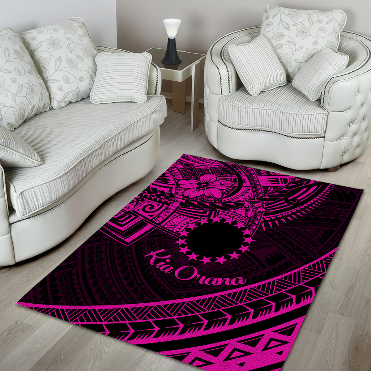 Kia Orana Cook Islands Area Rug Circle Stars With Floral Pink Pattern LT01 - Polynesian Pride