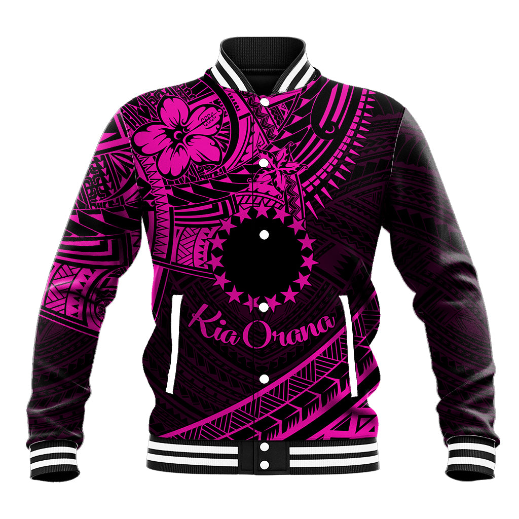 Kia Orana Cook Islands Baseball Jacket Circle Stars With Floral Pink Pattern LT01 Unisex Pink - Polynesian Pride