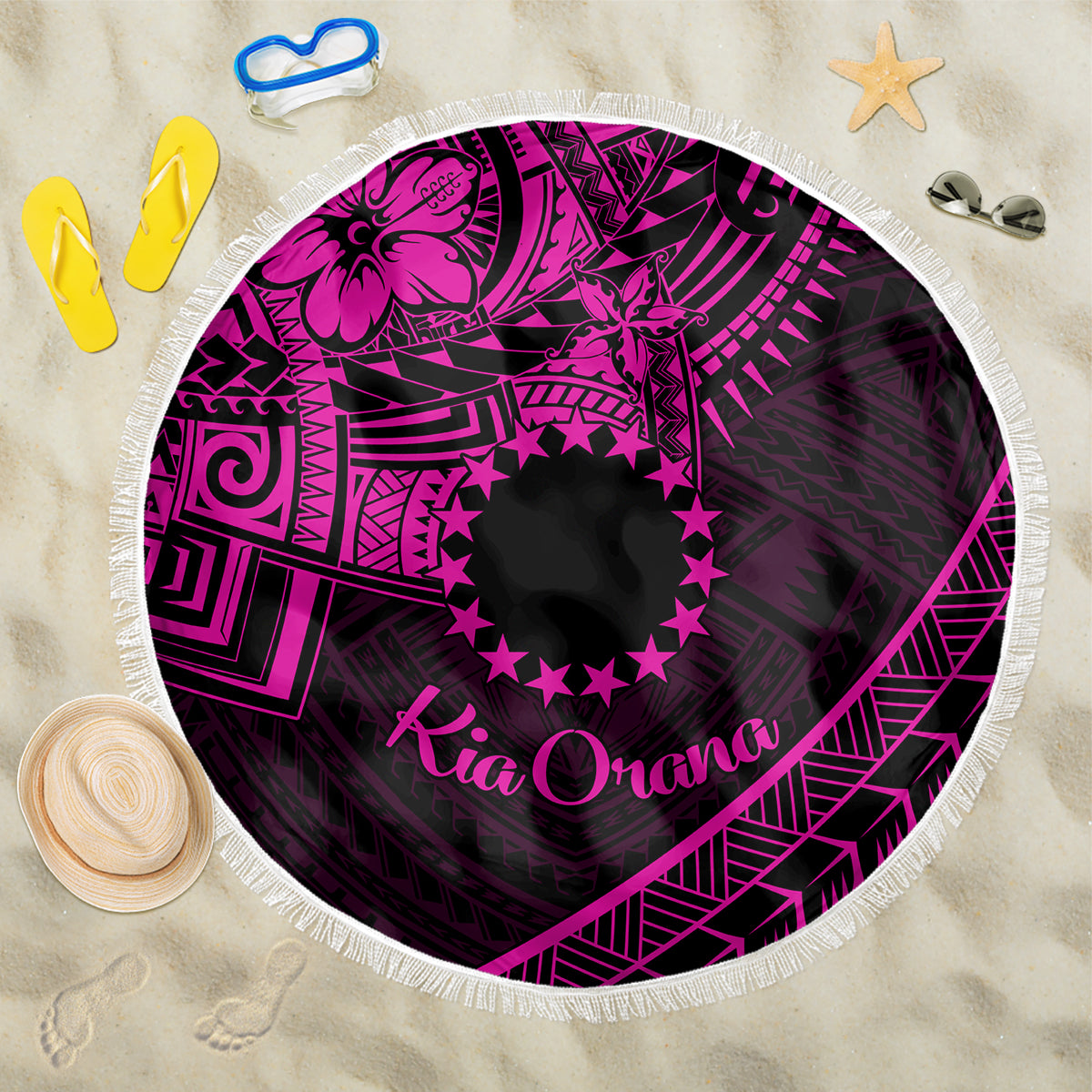 Kia Orana Cook Islands Beach Blanket Circle Stars With Floral Pink Pattern LT01 One Size 150cm Pink - Polynesian Pride