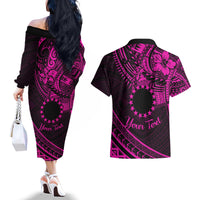 Kia Orana Cook Islands Couples Matching Off The Shoulder Long Sleeve Dress and Hawaiian Shirt Circle Stars With Floral Pink Pattern LT01 - Polynesian Pride