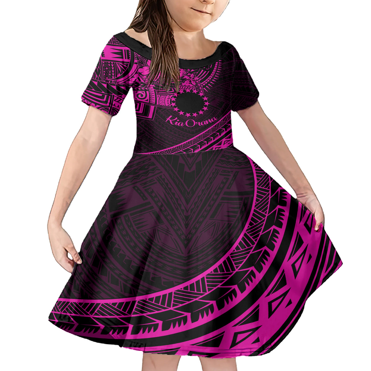 Kia Orana Cook Islands Family Matching Short Sleeve Bodycon Dress and Hawaiian Shirt Circle Stars With Floral Pink Pattern LT01 Daughter's Dress Pink - Polynesian Pride