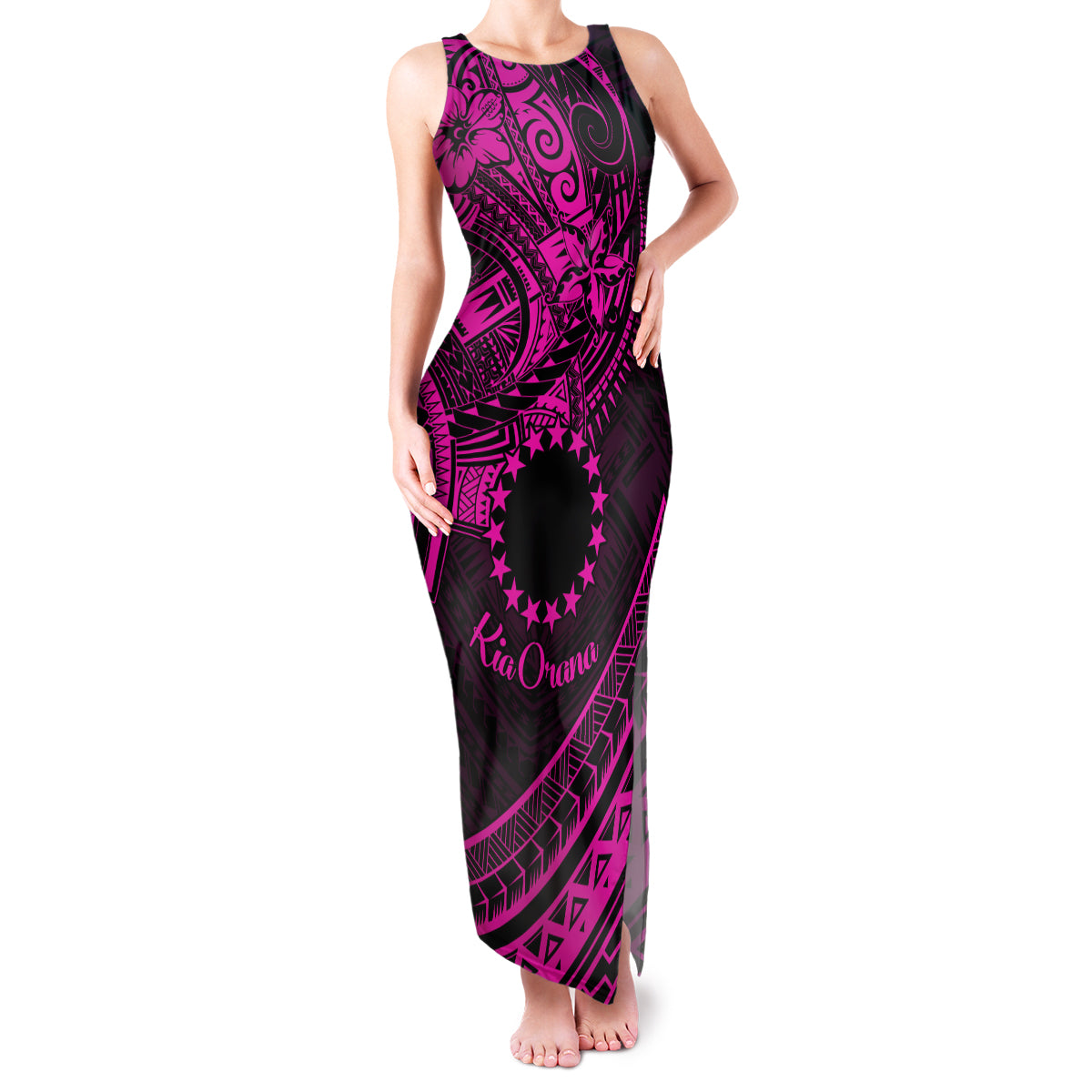 Kia Orana Cook Islands Family Matching Tank Maxi Dress and Hawaiian Shirt Circle Stars With Floral Pink Pattern LT01 Mom's Dress Pink - Polynesian Pride