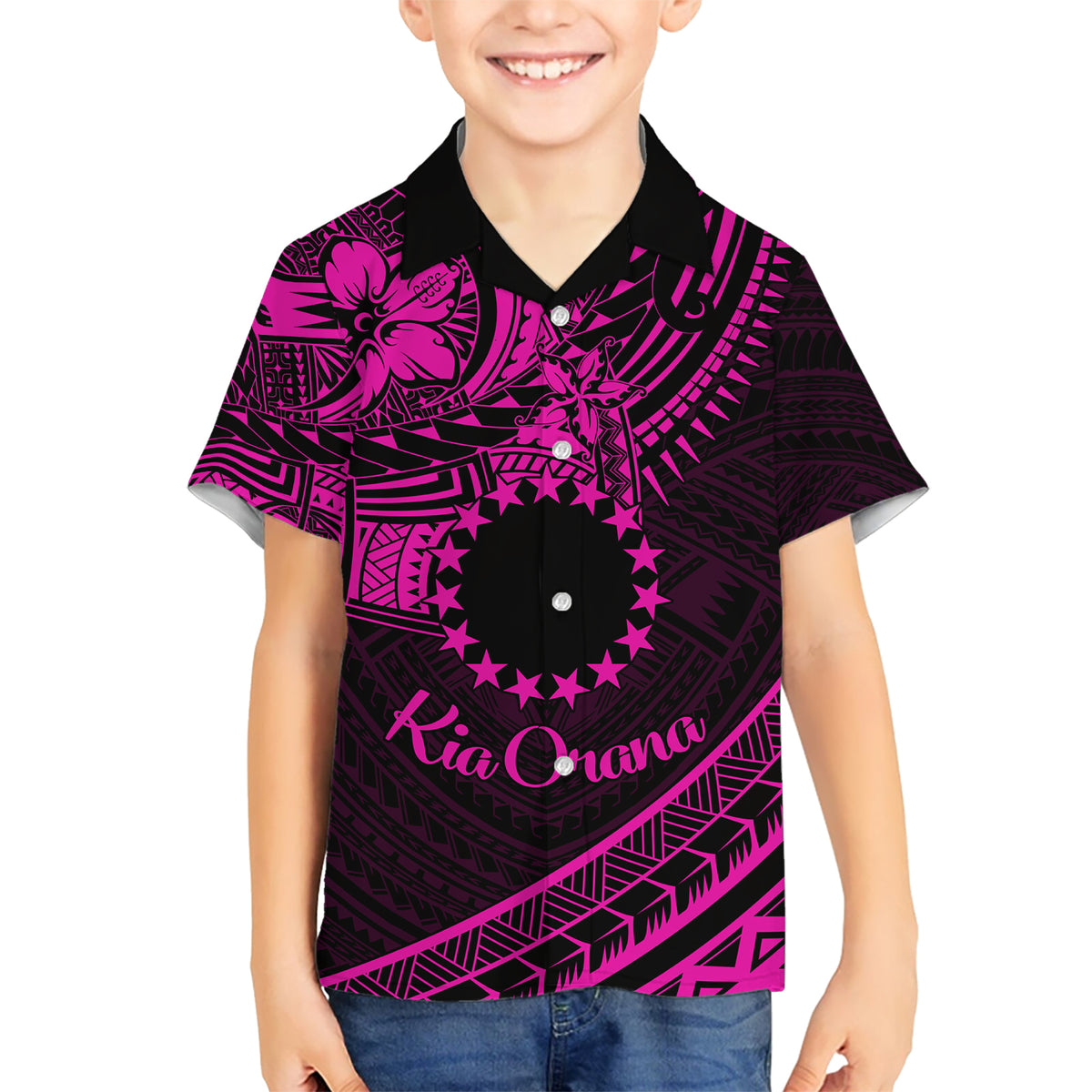 Kia Orana Cook Islands Kid Hawaiian Shirt Circle Stars With Floral Pink Pattern LT01 Kid Pink - Polynesian Pride