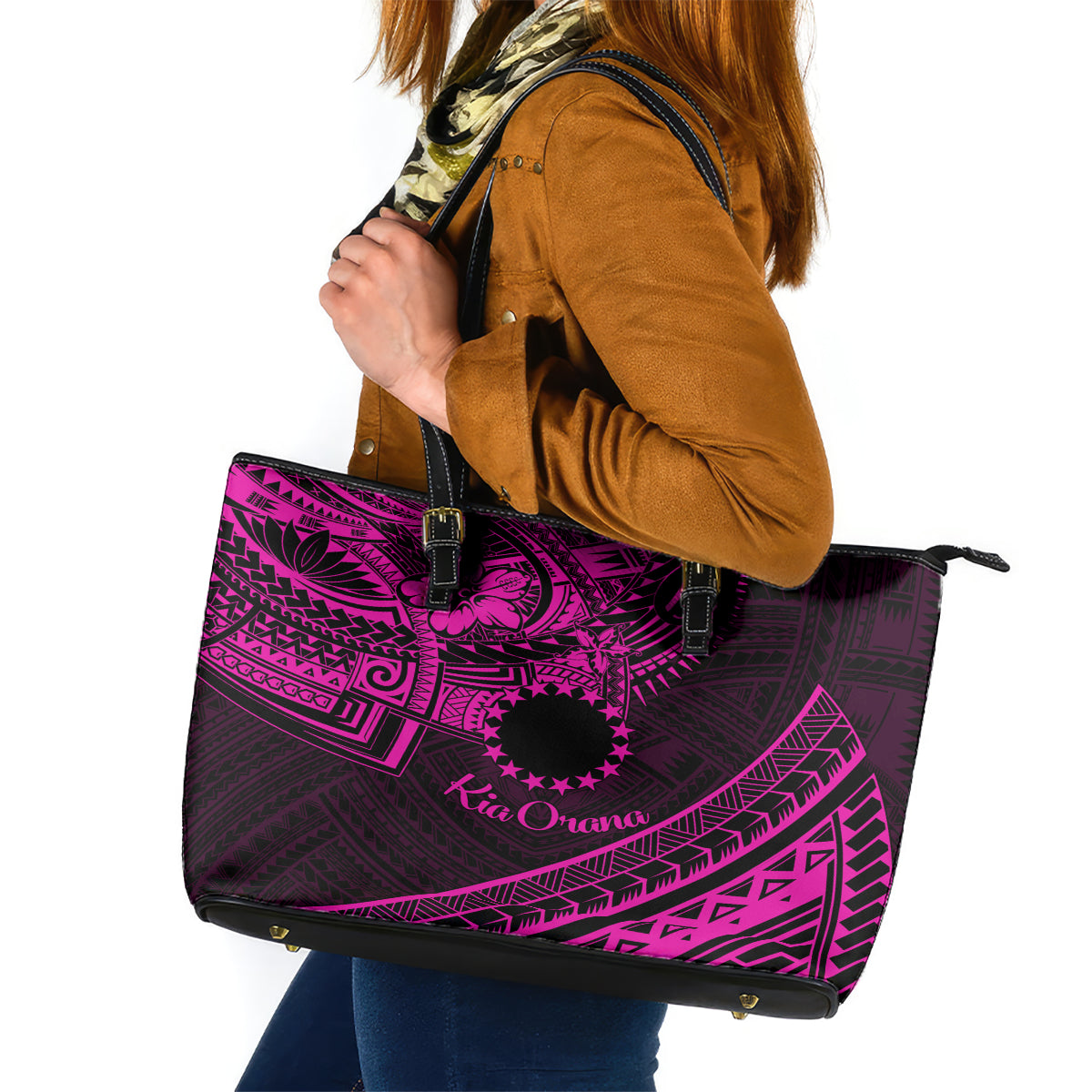 Kia Orana Cook Islands Leather Tote Bag Circle Stars With Floral Pink Pattern LT01 Pink - Polynesian Pride