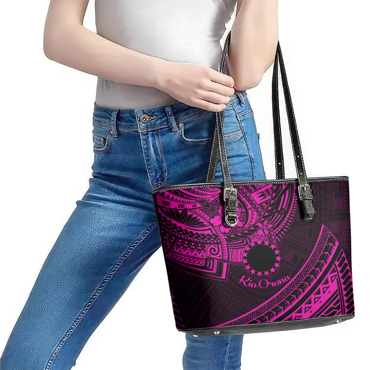 Kia Orana Cook Islands Leather Tote Bag Circle Stars With Floral Pink Pattern LT01 - Polynesian Pride