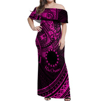 Kia Orana Cook Islands Off Shoulder Maxi Dress Circle Stars With Floral Pink Pattern LT01 Women Pink - Polynesian Pride