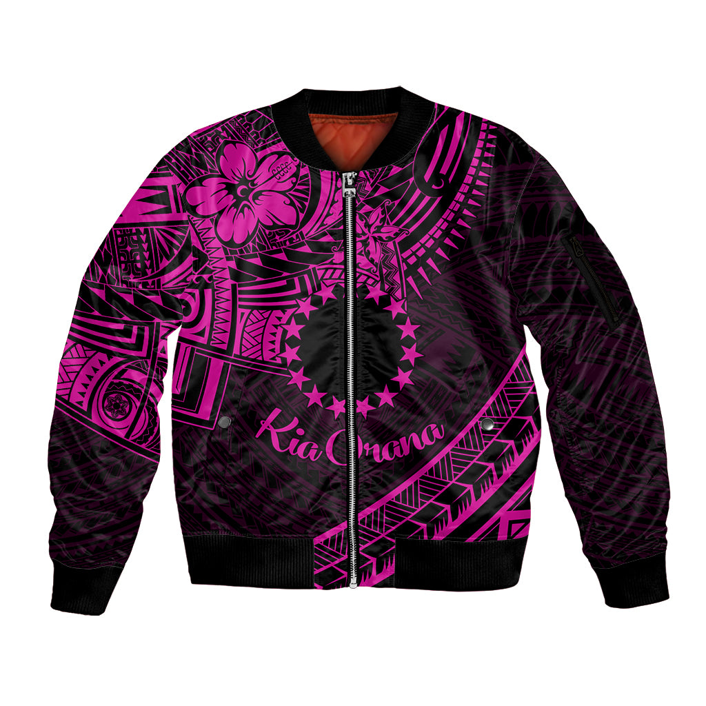 Kia Orana Cook Islands Sleeve Zip Bomber Jacket Circle Stars With Floral Pink Pattern LT01 Unisex Pink - Polynesian Pride