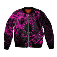 Kia Orana Cook Islands Sleeve Zip Bomber Jacket Circle Stars With Floral Pink Pattern LT01 Unisex Pink - Polynesian Pride