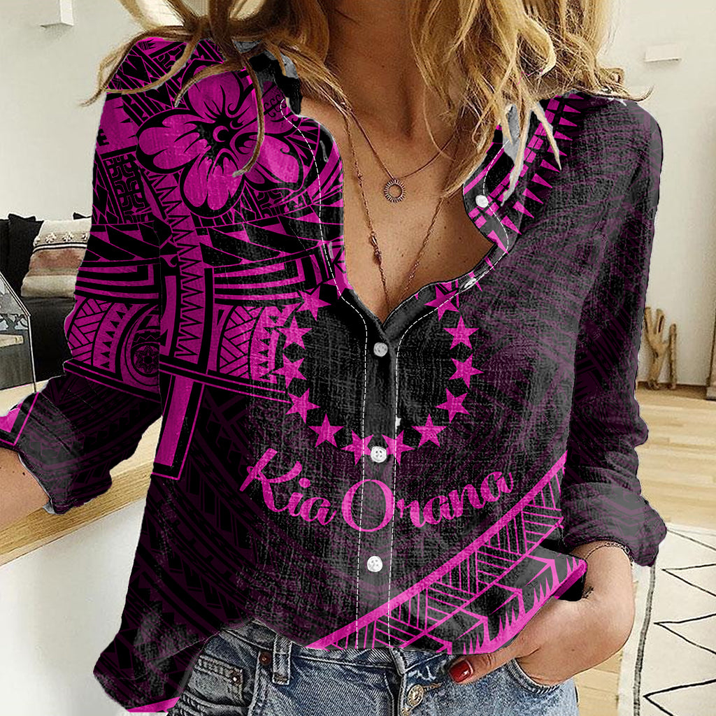 Kia Orana Cook Islands Women Casual Shirt Circle Stars With Floral Pink Pattern LT01 Female Pink - Polynesian Pride