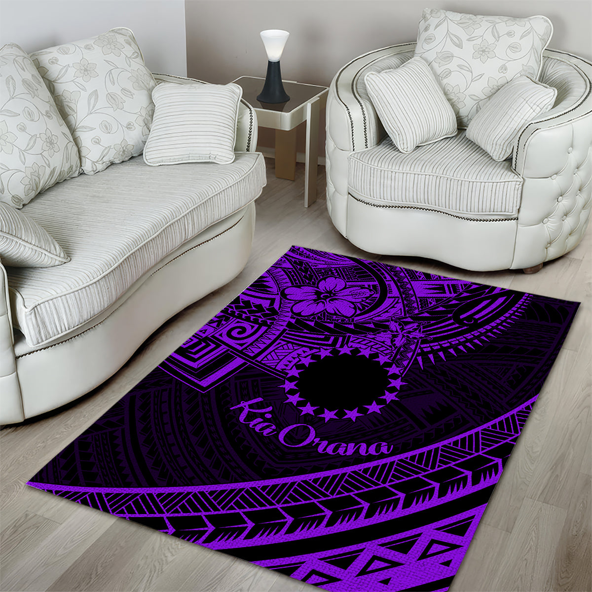 Kia Orana Cook Islands Area Rug Circle Stars With Floral Purple Pattern LT01 - Polynesian Pride