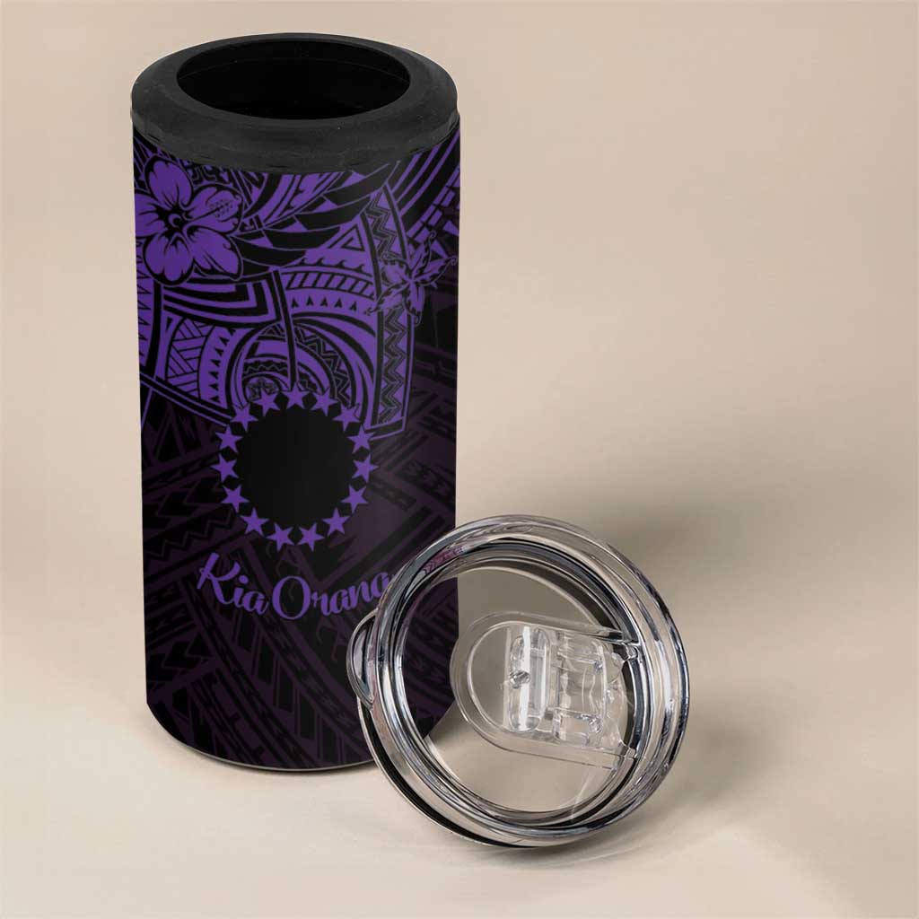 Kia Orana Cook Islands 4 in 1 Can Cooler Tumbler Circle Stars With Floral Purple Pattern