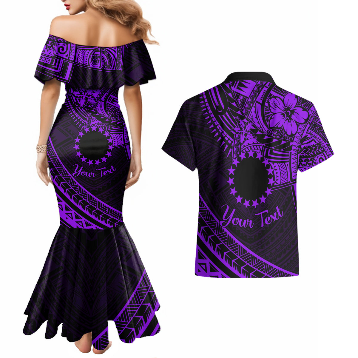 Kia Orana Cook Islands Couples Matching Mermaid Dress and Hawaiian Shirt Circle Stars With Floral Purple Pattern LT01 - Polynesian Pride